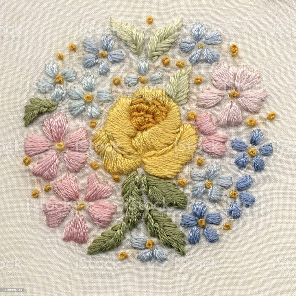Antique hand embroidery. Satin stitch and French knots. Cotton on cotton. Original motif 2 1/4" diameter.